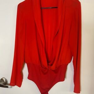 Open Edit Red Plunge Long Sleeve Bodysuit - Valentines Outfit